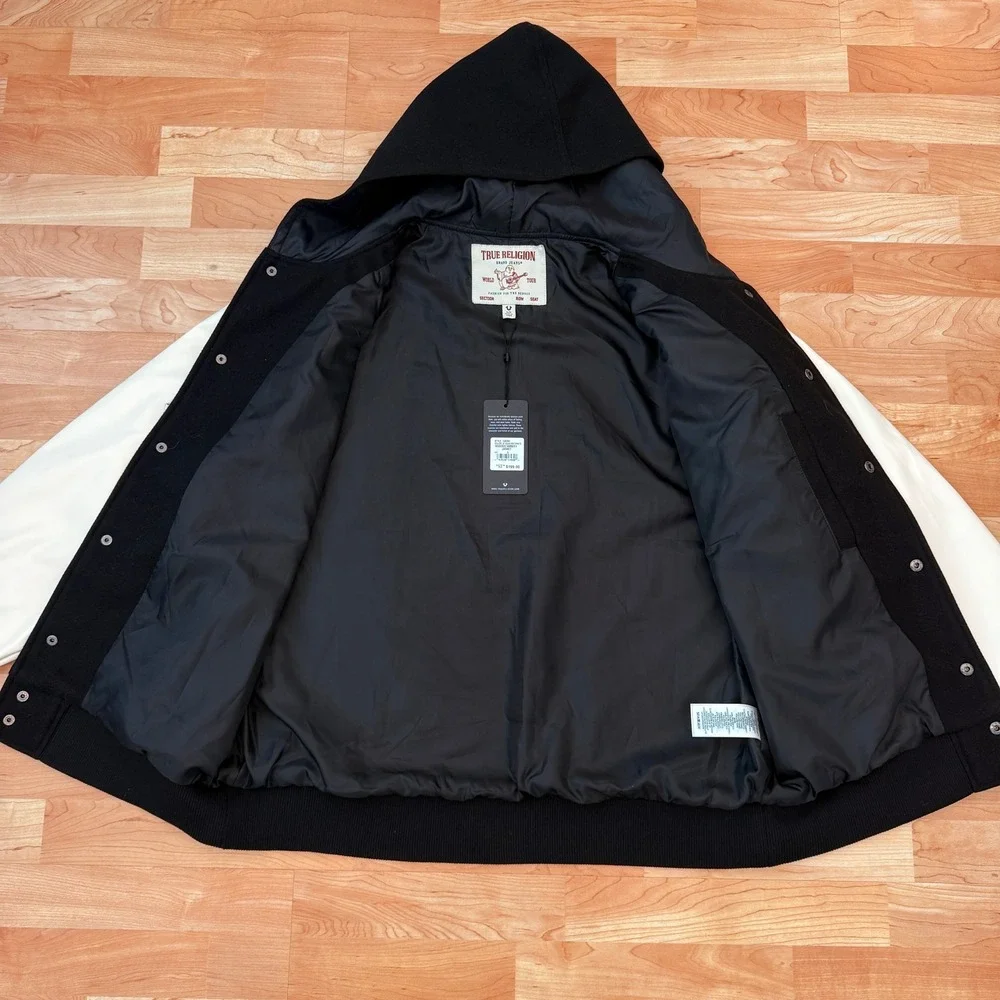 True Religion Mens NEW Varsity Jacket Jet Black White Letterman 108284 L
